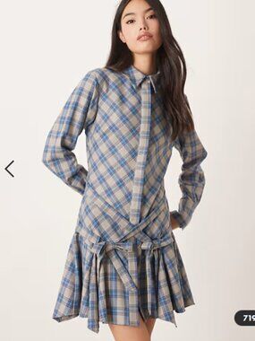 shirt mini dress with tie waist detail and godets in blue and grey check